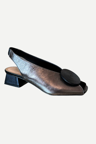 Bruno Menegatti Carah Low Heel, Cristol Carbon Sling Back Black with Modern Circle