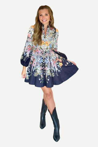 Oo La La Long Sleeve Floral Short Dress w/ Novelty Buttons, Multi Color