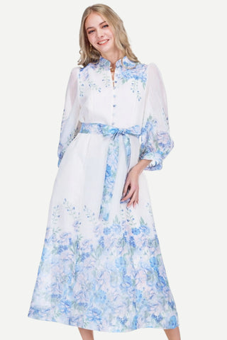 Jade Stand Collar A-Line 50" Dress, Blue Wildflower JADE