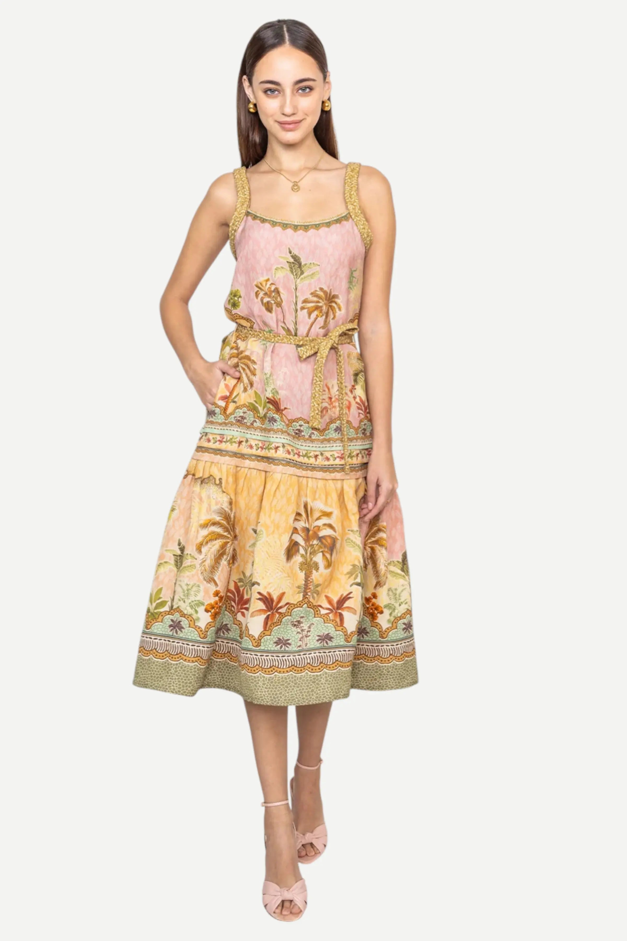Ranna Gill Hansel Braided Midi Dress, Multi Color Costa Rican Print