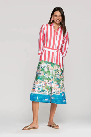 Vilagallo Pink & White Striped Shirt Dress w/ Coastal Scene Vilagallo