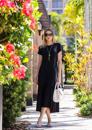Elliott Lauren Short Sleeve Dress w/ Ruffle, Black Elliott Lauren