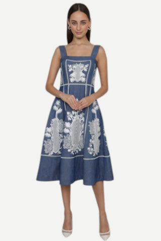 Ranna Gill Odette Panel Midi Dress, Blue Denim Embroidered RANNA GILL