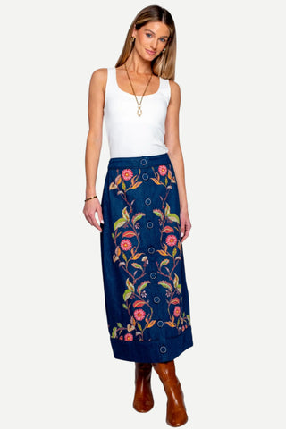 Elizabeth James Frannie Skirt, Denim Floral Emroidery