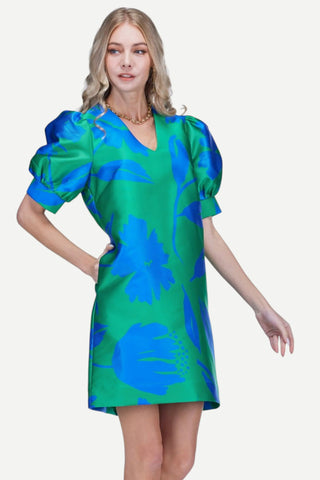 Jade V-Neck Puff Sleeve Dress, Green Floral Brocade JADE