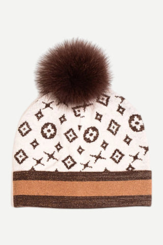 Mitchies Matchings Brown Monogram Hat w/ Lurex & Fox Fur Pom