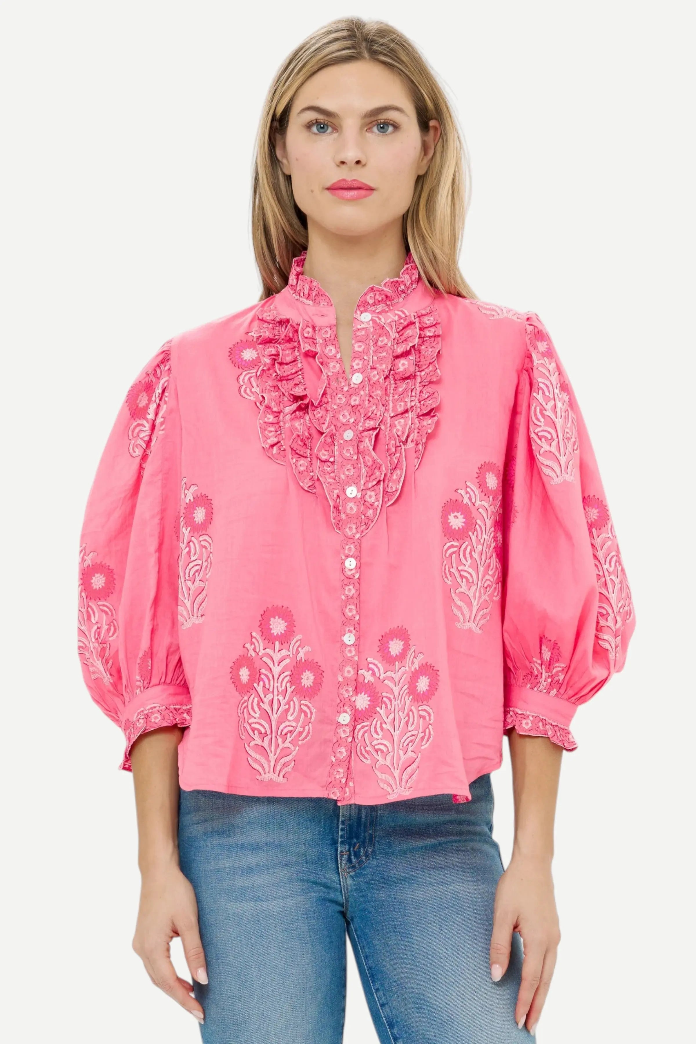 Oliphant Ruffle Front Button Blouse, Raton Pink - Monkee's of the