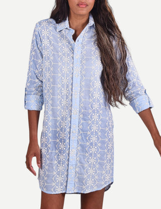 Emily Phillips Mini Dress, Blue Cream Embroidery