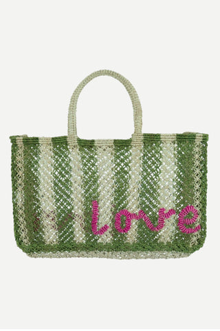 The Jacksons Lavinia Stripe Love Jute Handbag, Army Green Natural Khaki Rose
