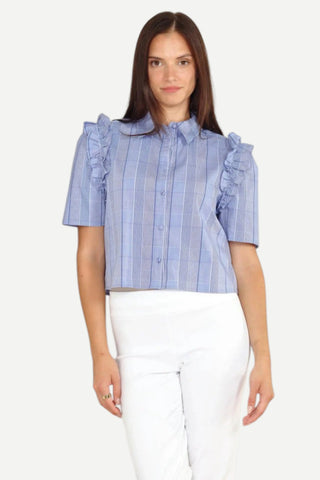 Zero Degrees Celsius Plaid Ruffle Short Blouse, Blue Plaid Zero Degrees Celcius