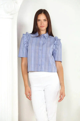 Zero Degrees Celsius Plaid Ruffle Short Blouse, Blue Plaid Zero Degrees Celcius